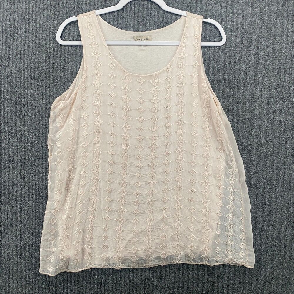 Via Signoria Silk Blouse Top Womens M Ivory Crochet Scoop‎ Neck Sleeveless Boho